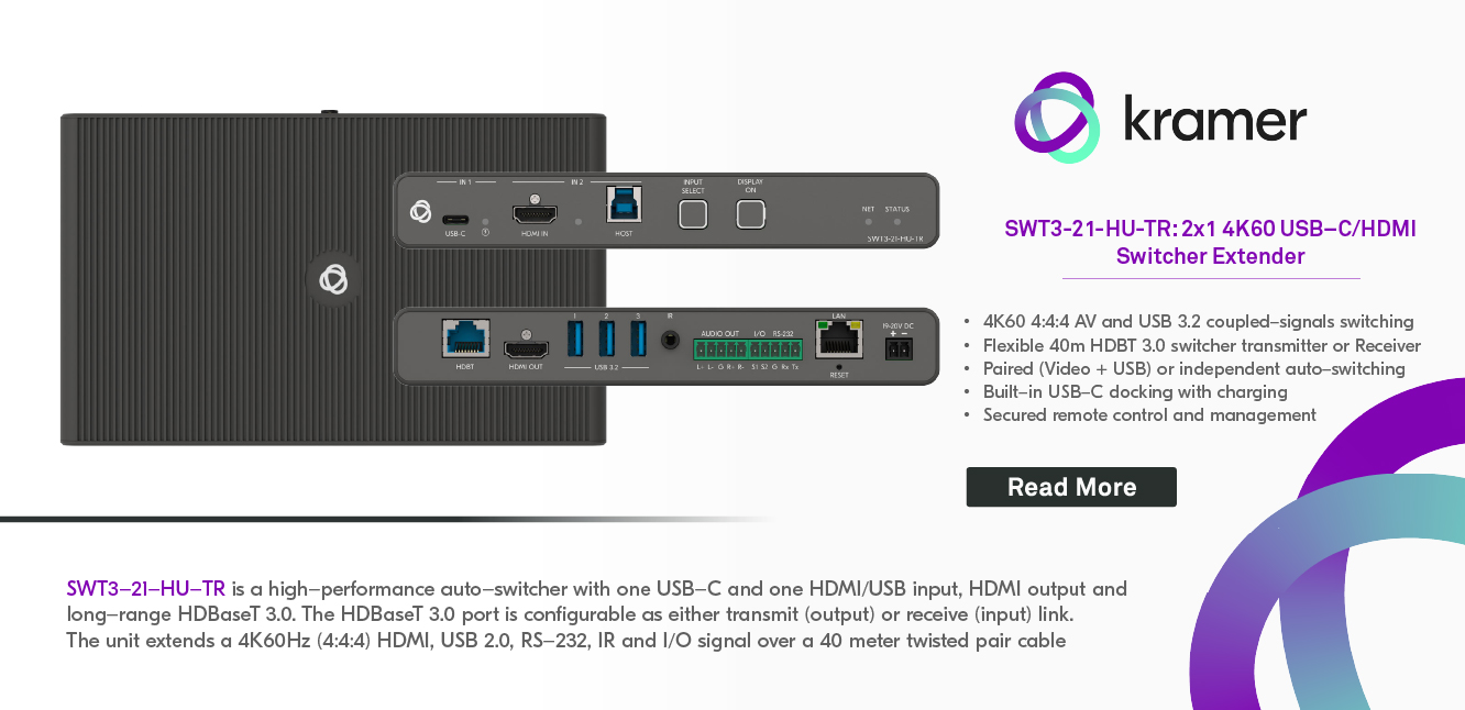 SWT3-21-HU-TR: 2x1 4K60 USB–C/HDMI Switcher Extender