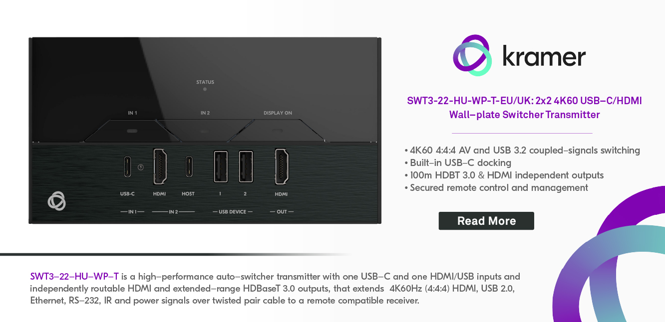 SWT3-22-HU-WP-T-EU/UK: 2x2 4K60 USB−C/HDMI Wall−plate Switcher Transmitter