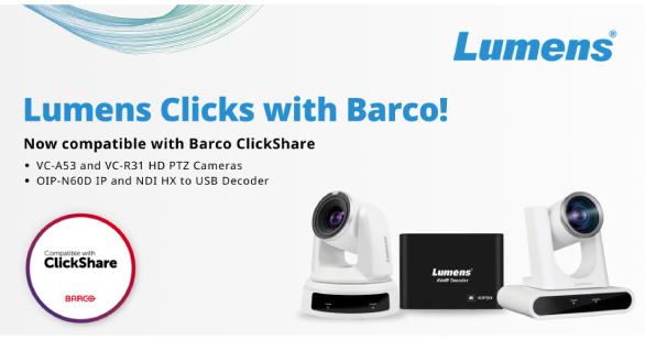 Lumens' 4K Decoder and New HD PTZ Cameras Receive Barco ClickShare Certification